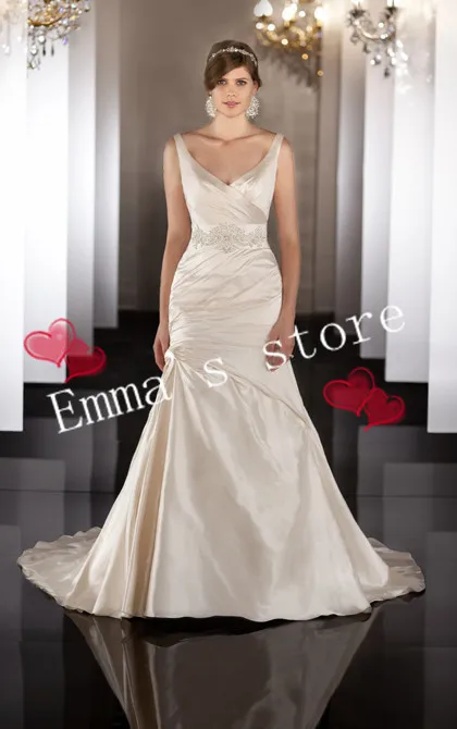 MORI-Custom Made Fashion 2014 New Simple Straps A-Line Floor Length Applique Train Taffeta Champagne Formal Wedding Dress GownsB | Свадьбы и