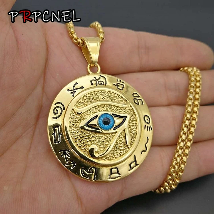 

Hip hop Ancient Egypt Round Jewelry Collares Gold Color Stainless Steel Chain Egyptian Eye of Horus Necklaces & Pendants