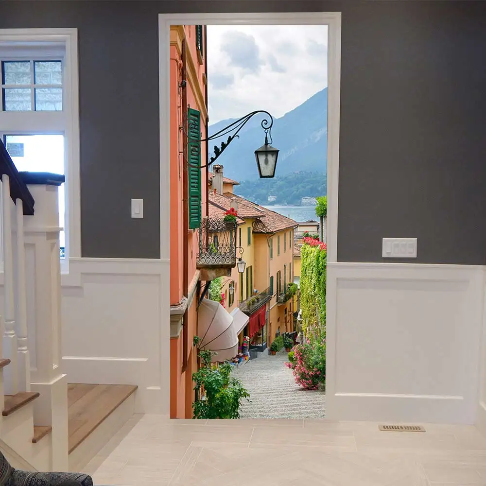 77x200 см 3D наклейки на дверь маленький город виниловые обои художественный плакат наклейки ПВХ самоклеющиеся DIY Съемный домашний декор для двери