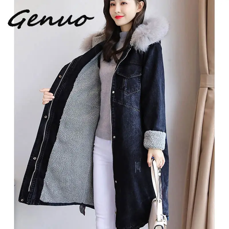 Зимняя джинсовая куртка для женщин с капюшоном, толстая овечья шерсть, Длинные куртки для женщин, пальто в Корейском стиле размера плюс 3XL, модное хлопковое пальто