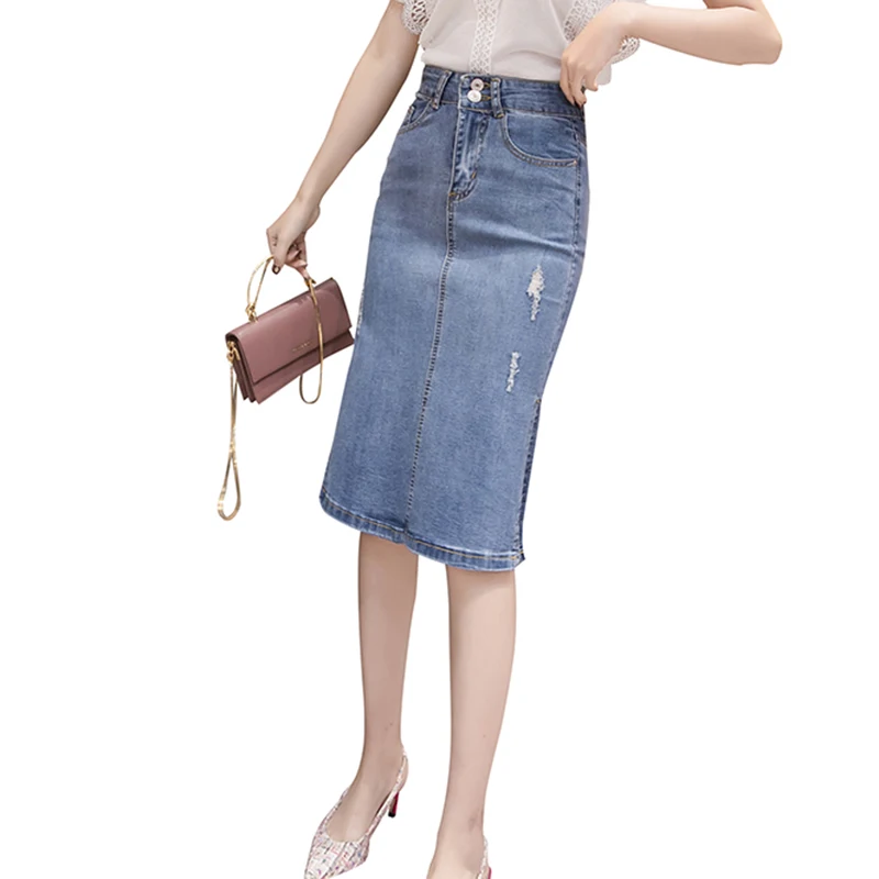 Женские джинсовые шорты юбка-карандаш для женщин Лето ретро элегантная уличная джинсовая юбка средней длины женская синяя Saias Midi