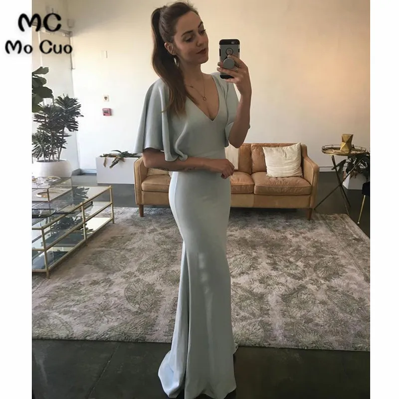 Fashion Mermaid V-Neck Half Sleeves Satin Floor Length Prom
