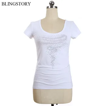 

BLINGSTORY Plus Size 6XL Cotton T-shirt Diamond Beaded Short Sleeve Women O-neck White Tops