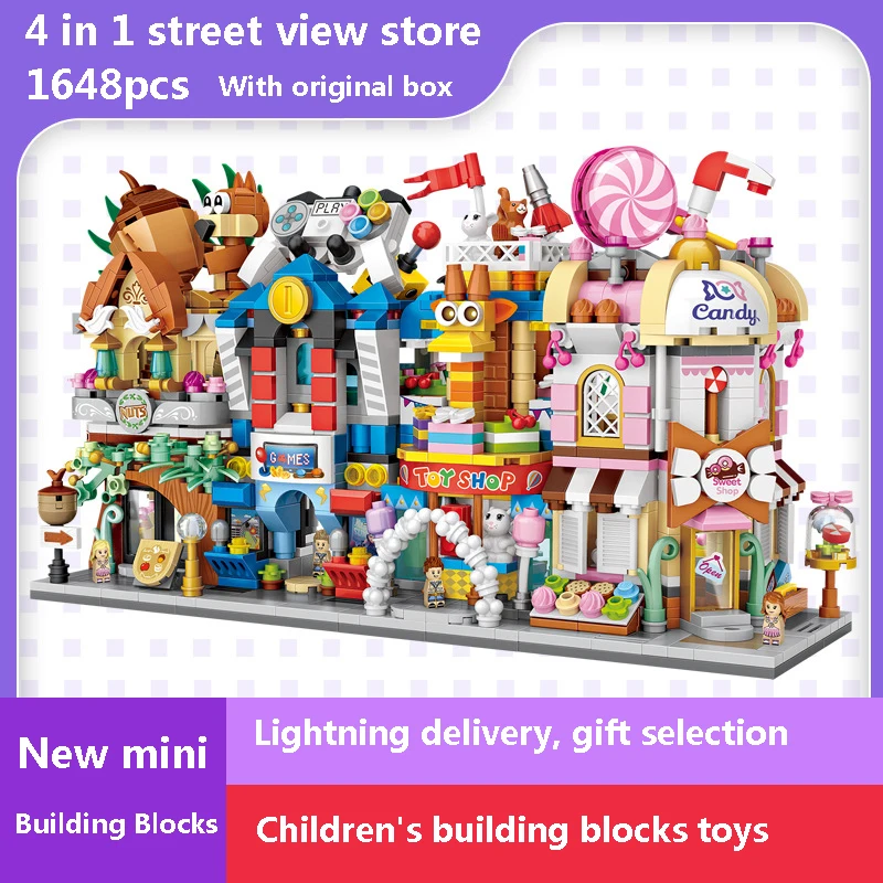

1648pcs 4 in 1 Children's Building Blocks Toy 3d Toy store candy stor e Mini City Street View Shop Series Diy Compatible LG Toys
