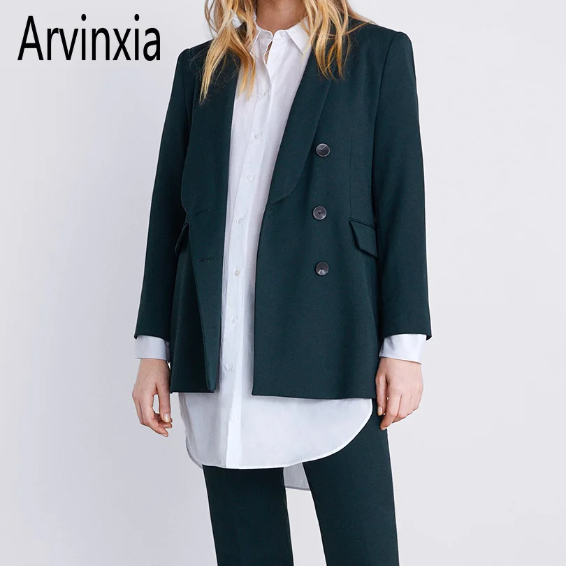 Arvinxia ZA Новые однотонные женские блейзеры с длинными рукавами модные двубортные