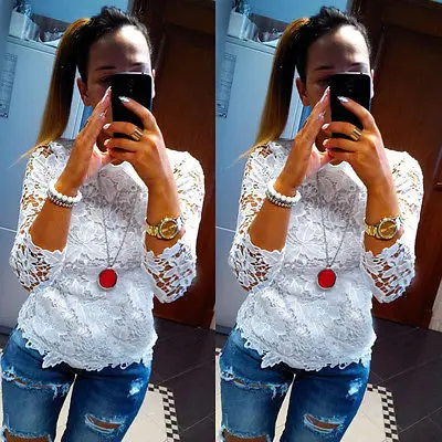 

New 2016 Autumn Women Long Sleeve Fashion Lace Floral Patchwork Chiffon Blouse Shirts Casual Slim Tops Blusas