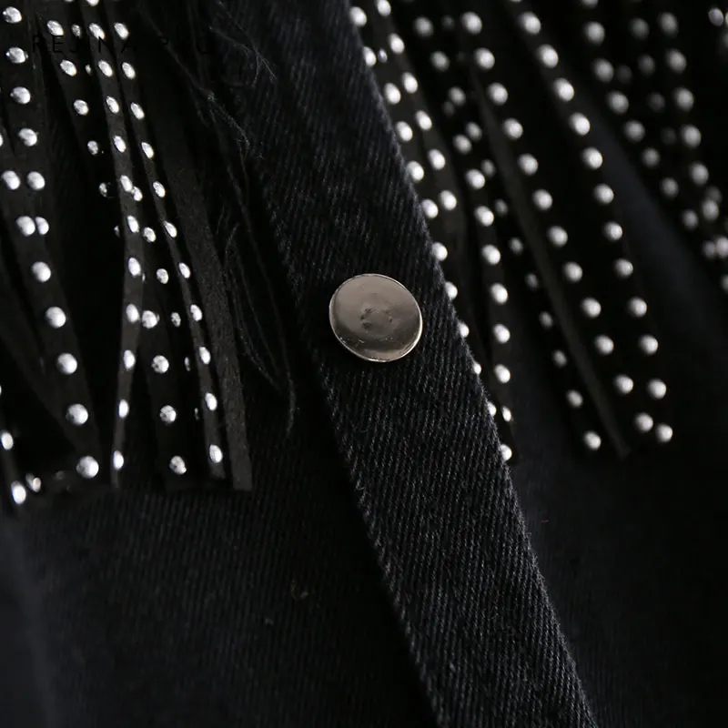 REJINAPYO женская черная Высококачественная Свободная джинсовая куртка, пальто с блестками и кисточками, уличная одежда, универсальная верхняя одежда на пуговицах