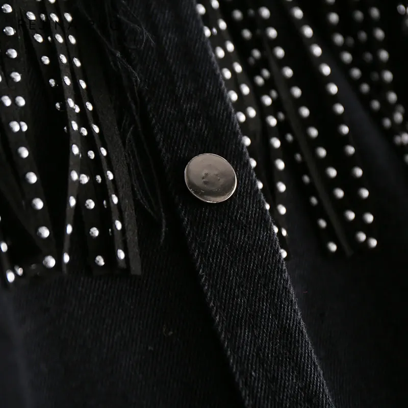 Promo  REJINAPYO Women Black High Quality Loose Denim Jacket Coat Sequined Tassels Streetwear All-match Me