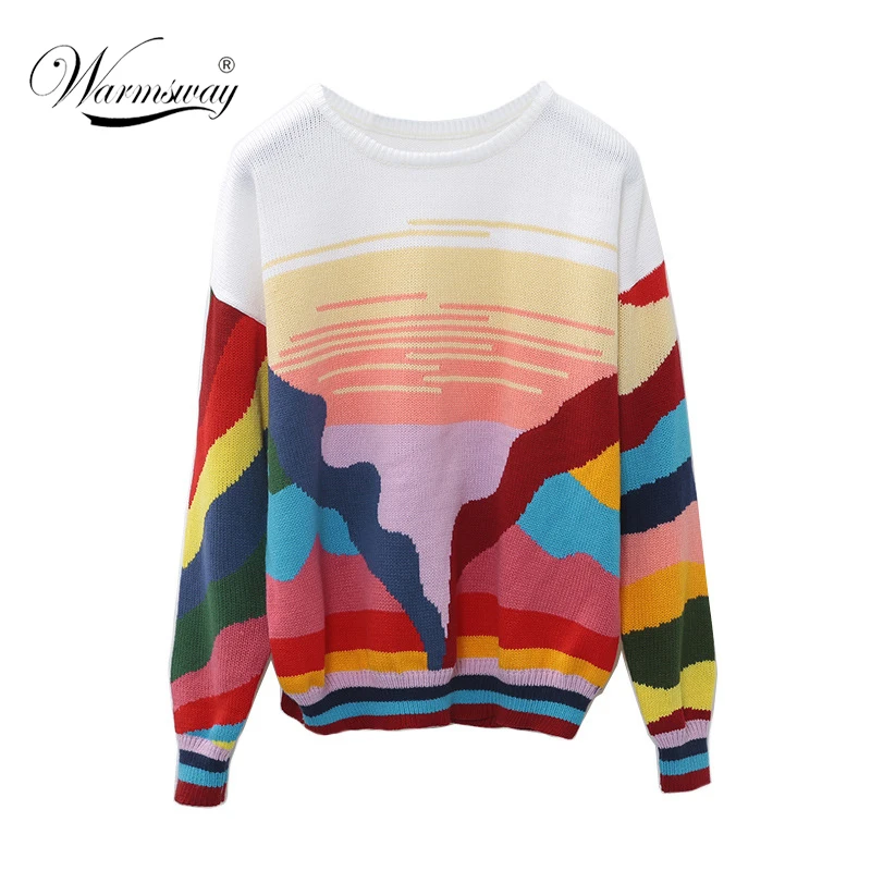 Women New vintage warm sweaters Rianbow Striped pullovers winter Spring knitted retro loose knited tops blusas WS-072
