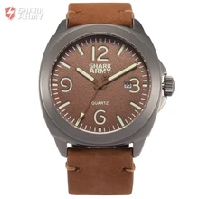 SHARK ARMY Brand 100m Water Resistant Date Luminous Hands Full Stainless Steel Brown Leather Band Sport Mens Quartz Watch/SAW186