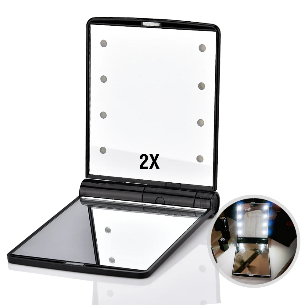 Portable 8 LED Lights 2X Magnifying Makeup Mirror Folding Compact