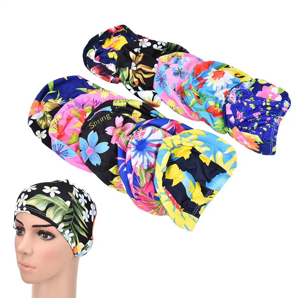 imprimir piscina gorra de bano nadar sombrero floral gorro mujeres cintura entallada gorras de natacion para el pelo largo oreja tapas de proteccion 1