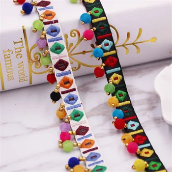 

Lace Trim Bohemian Ethnic Embroidery Lace Ribbon Width 2cm Colorful Round Ball Tassel Pompom Beads Pendant Collars Accessories