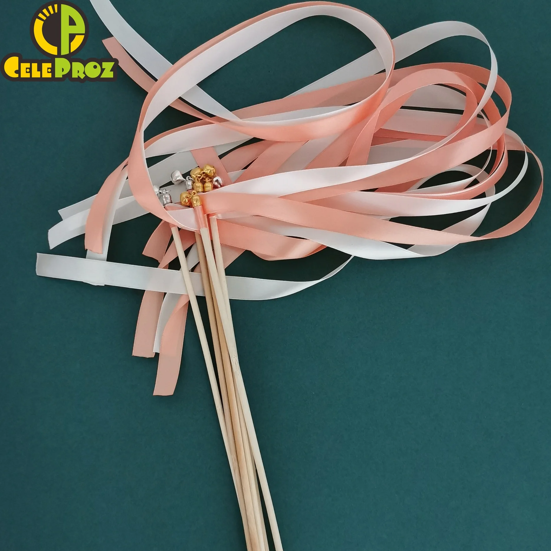 

50Pcs Coral Champagne Ribbon Wands with Bells Peach Ivory Ribbon Twirling Streamers Stick Wedding Favors Personlized Ribbon Wand
