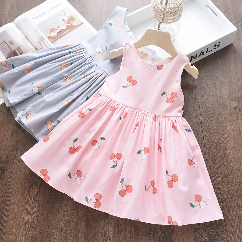 Girl Summer Cotton Dress Cherry Print Kids Wholesale Lots Bulk Clothes Toddler A-line Bow Party Frocks Dresses Sleeveless | Детская
