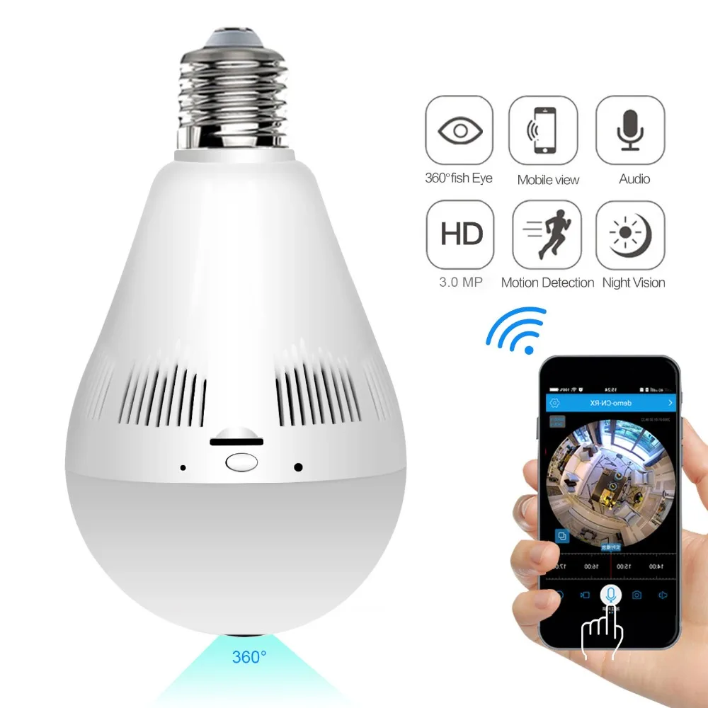 

YuBeter 2MP 3MP 360 WiFi IP Wireless Camera Bulb Cameras Lamp Fisheye Home Security Surveillance Two Way Audio IR Night Version