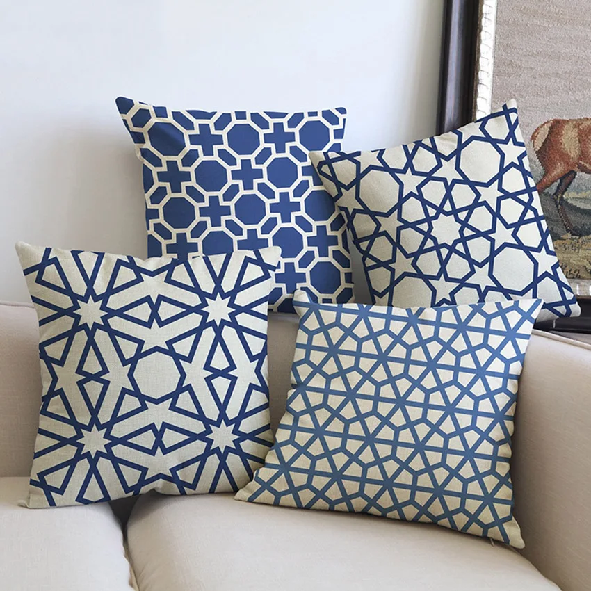 

Blue Geometrics Nordic Pillow Case Cotton Linen Pillows For Sofa Square Decorative Cushion Cover for Office, Car 45 x 45cm