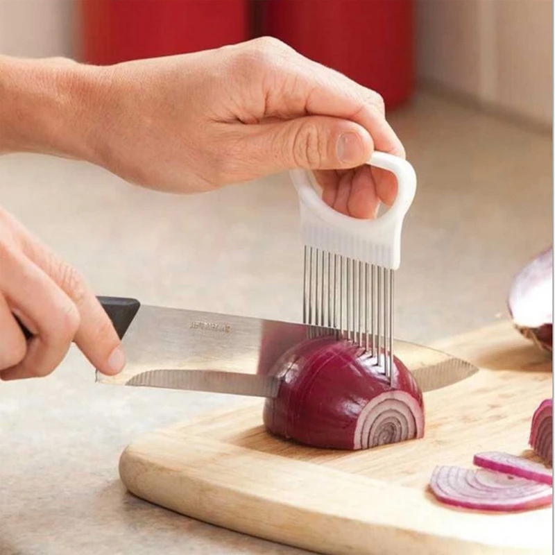 

1Pc New Vegetable Cutter Slicers Tomato Onion Vegetable Slicer Cutting Aid Holder Guide Slicing Cutter Safe Fork Kitchen Gadgets