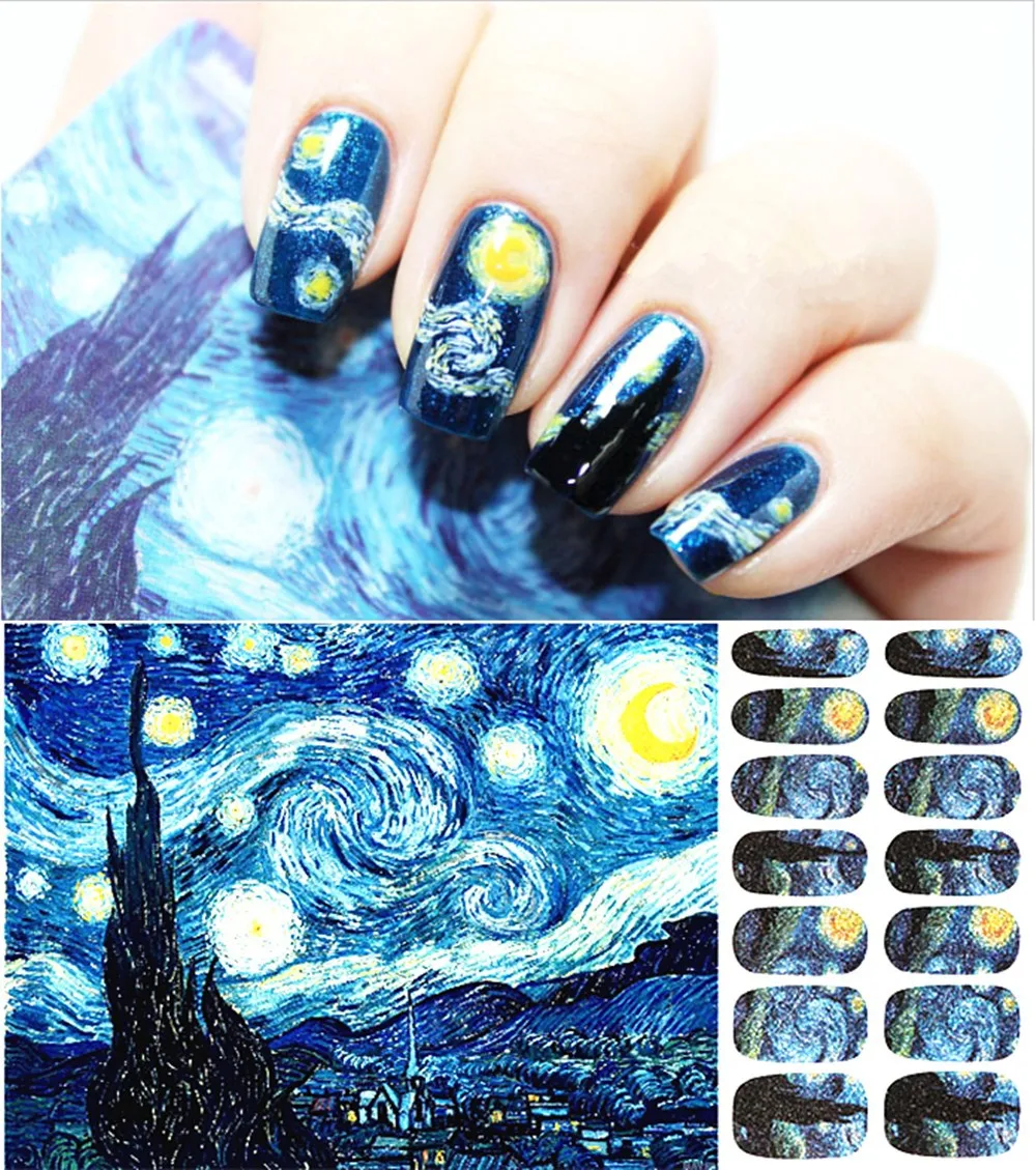 Женские модные накладные ногти на клею, наклейки, маникюр, инструмент для маникюра, водостойкий, 1-2 недели, Ван Гог, звездная ночь, дизайн