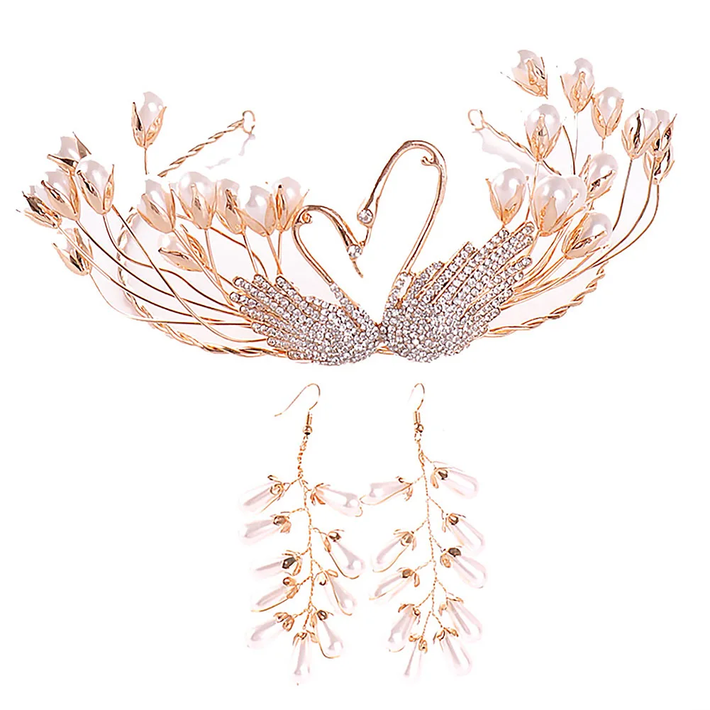 

Vintage Gold Swan Pearl Hair Jewelry for Women Handmade Tiara Crowns Queen Hair Bands Diadem Bridal Wedding Hair Jewelry LB