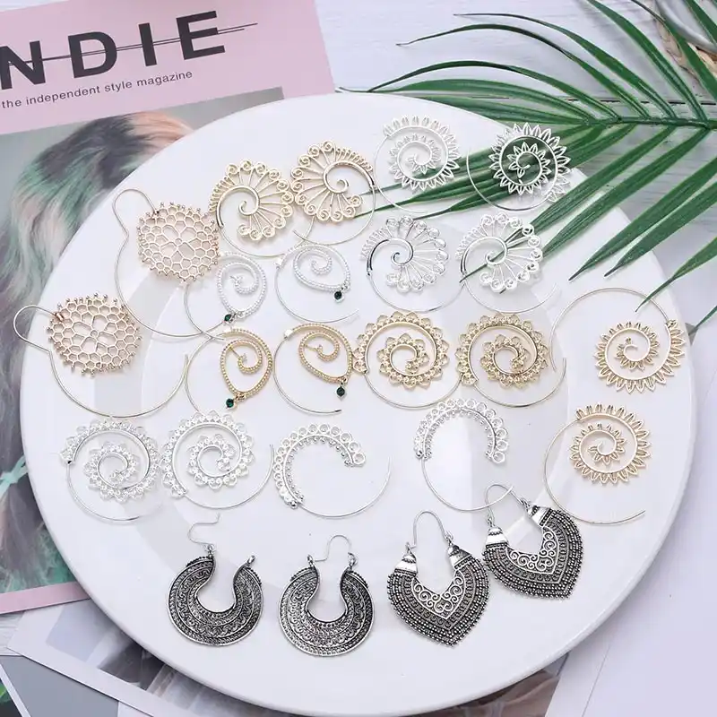 Богемные винтажные племенные спираль серьги-кольца для женщин 2019 модные эффектные геометрические серьги золотистого цвета древнее серебр...