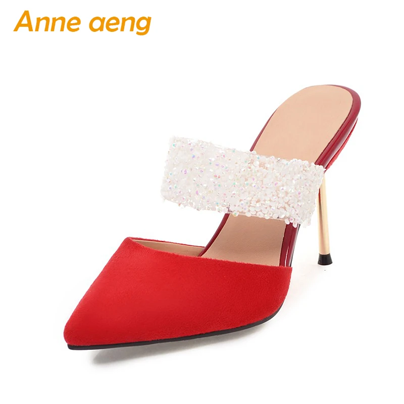 

2018 Summer women slippers high heel shoes pointed toe mules shoes sexy elegant outside women slippers red black women shoes