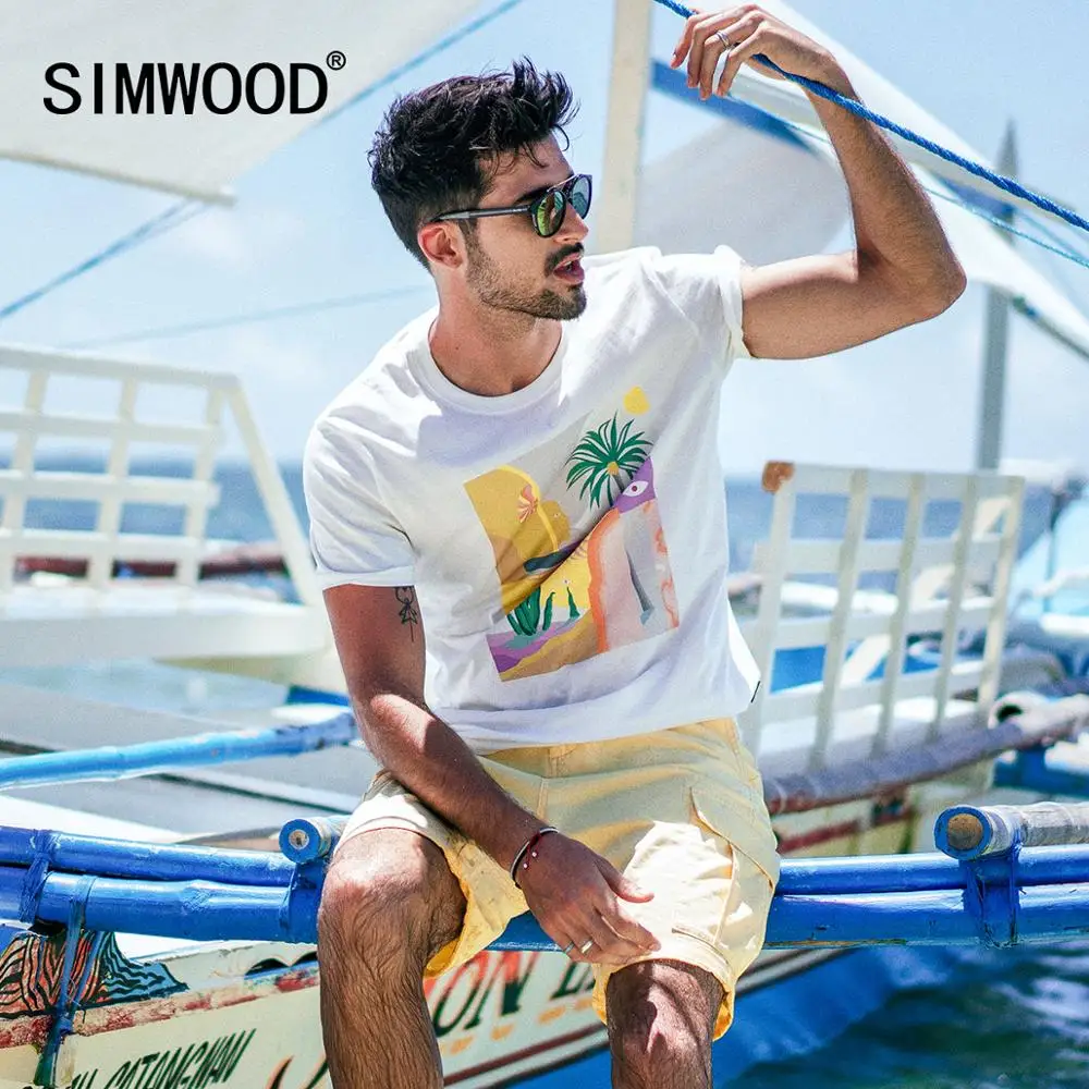 Ceny SIMWOOD 2019 lato nowy t shir tmen wakacje top plażowy wysokiej jakości koszulki w stylu casual 100% oddychająca tshirt odzież marki 190344