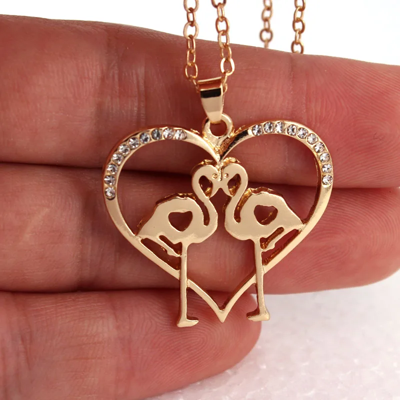 

hzew new heart shape two Flamingos pendant necklace fashion tiny Flamingo pendant Chic necklaces gift