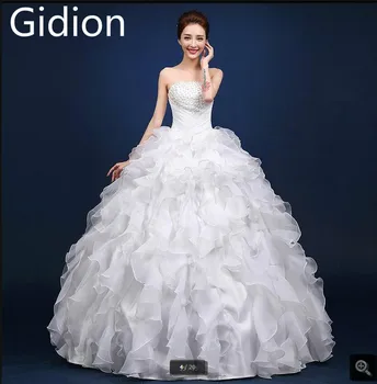 

2017 real picture ball gown ruffled white pearls wedding dress princess puffy pleated long wedding dresses free shipping