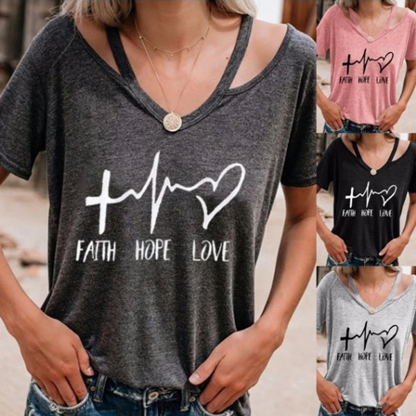

New Arrival Women Casual T-shirt Love Printed T-shirts Short Sleeve V-neck Summer Tee