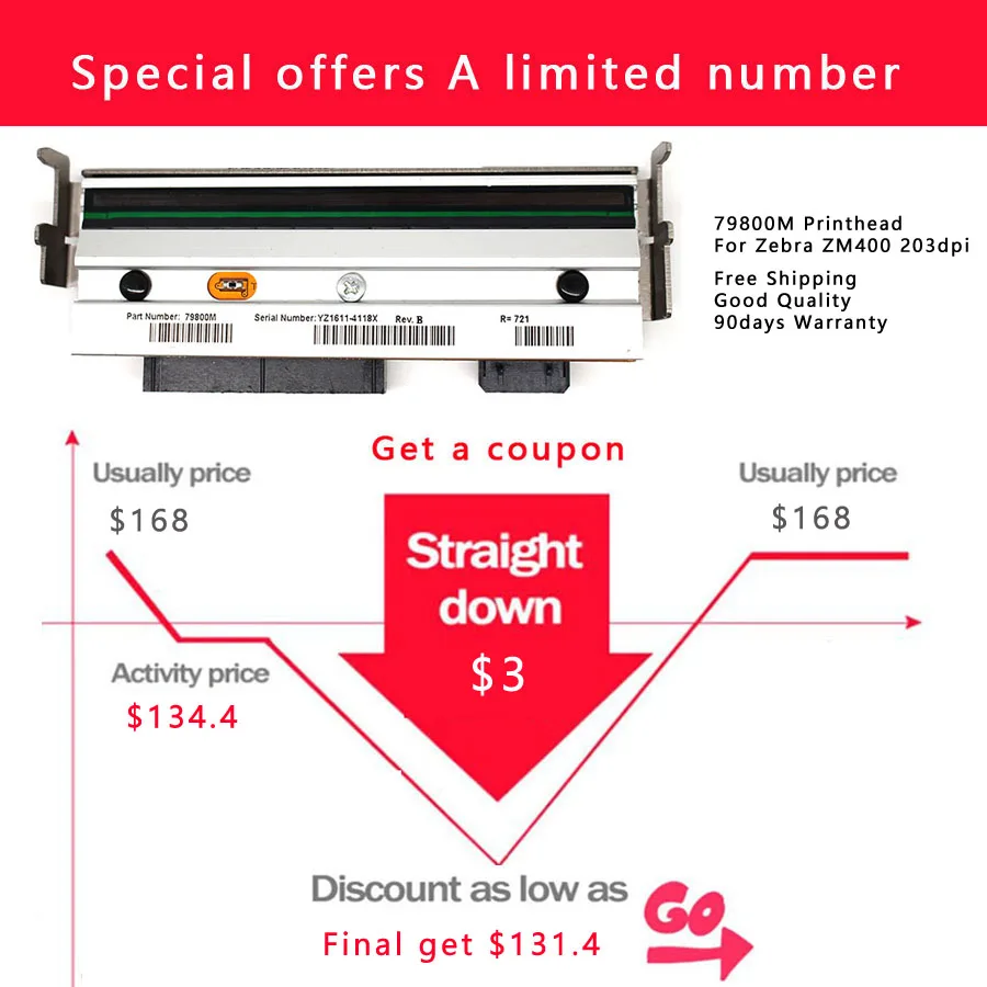 Новая 79800 м тепловая печатающая головка для Zebra ZM400 203 точек/дюйм принтер для тепловой печати штрихкодов-ярлыков печатающая головка, Гарантия 90 дней