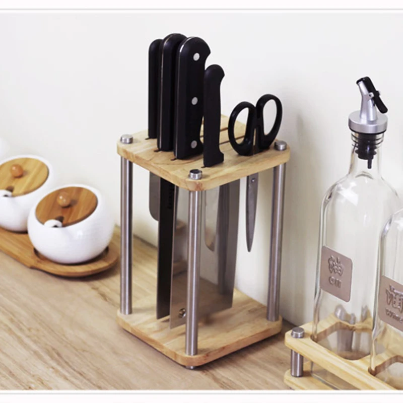Solid Wood 304 Stainless Steel Knife Stand Block Eco-Friendly Dry Ventilated Creative Knife Holder Rack Chef Kitchen Accessories