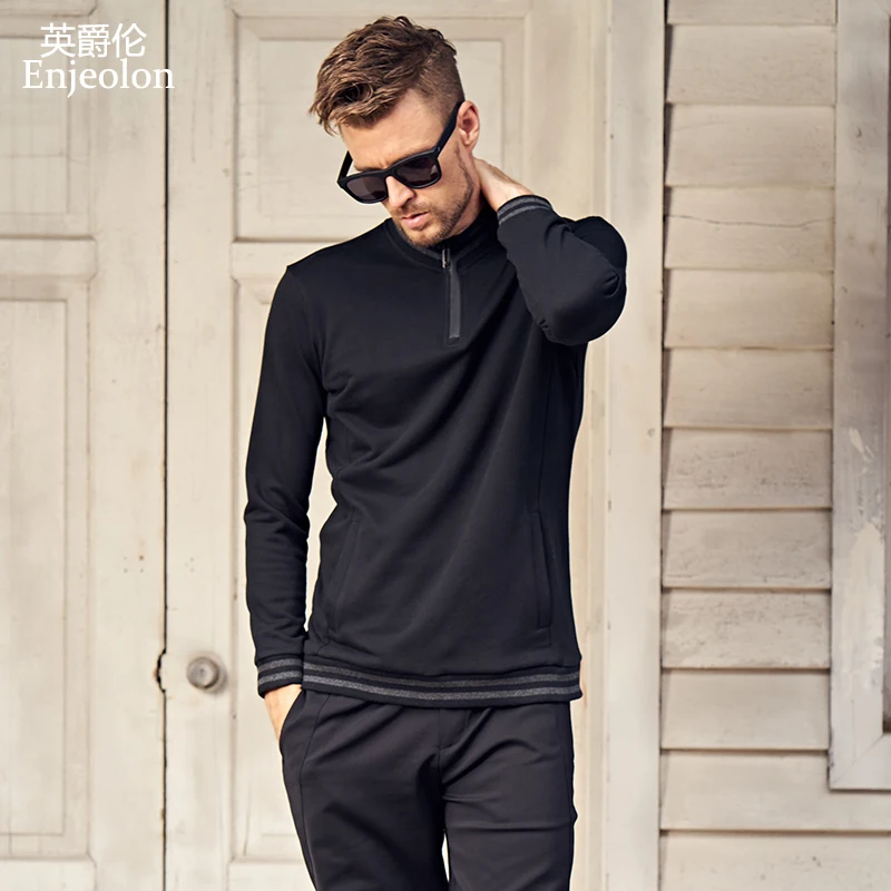 Enjeolon top brand fall Long Sleeve stand collar Sweatshirt Men cotton clothes Black Sweatshirt Men solid Clothing WY120