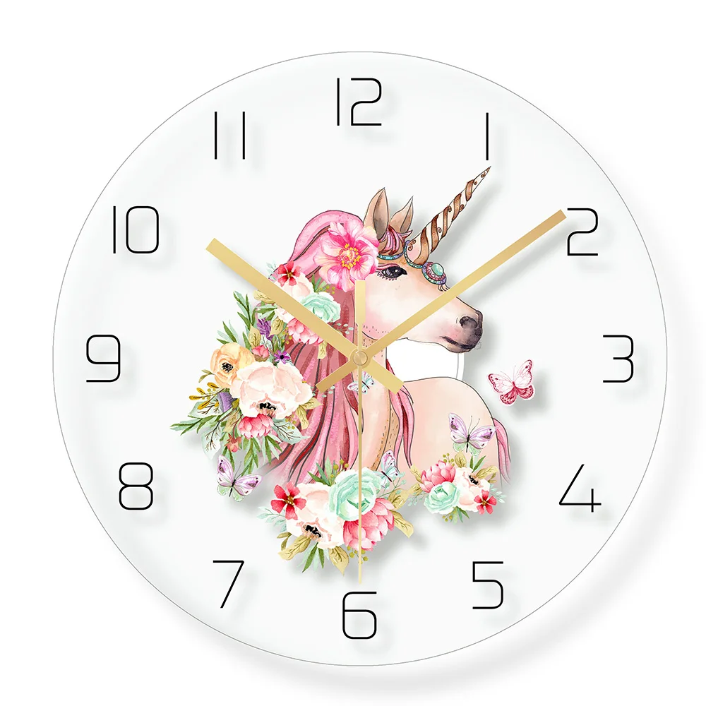 30cm Painted MDF Round Pink Unicorn Wall Clock  Girls Bedroom 
