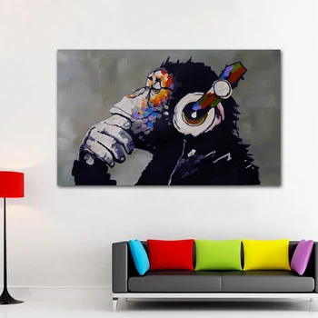 

1 Pcs Wall Art Print Canvas Painting Thinking Monkey Headphone Animated Painting Funny Gorilla Pictures For Living Room Unframed