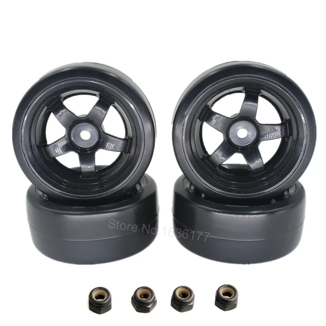 Special Price 4 Pieces Plastic Smooth RC 1/10 Drift Tires & Wheel Rims 12mm Hub Hex Tyre with Lock Nut M4