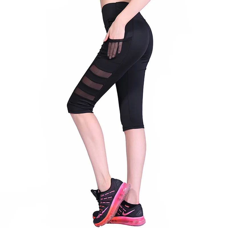 Summer Running Tights Women 3/4 Solid Mesh splicing Elastic Breathable Yoga Sports Pants Slim Compression Gym Fitness Leggings