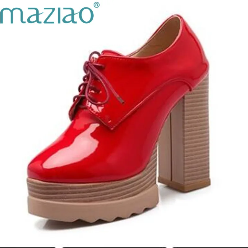 

MAZIAO Patent Lace-up Shoes woman High heels Ladies shoes Platform Fashion Size 34-39 Spring Autumn Casual Red Black