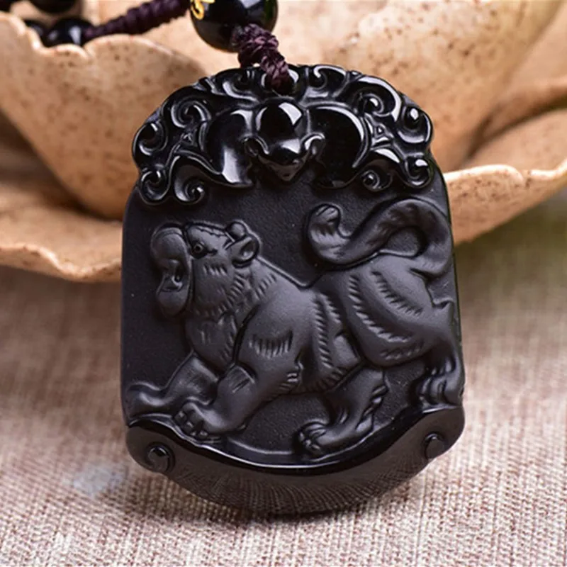 Натуральный черный обсидиан кулон резной китайский зодиак Животное подвеска с изображением тигра бисера ожерелье Счастливый амулет мужские женские ювелирные изделия