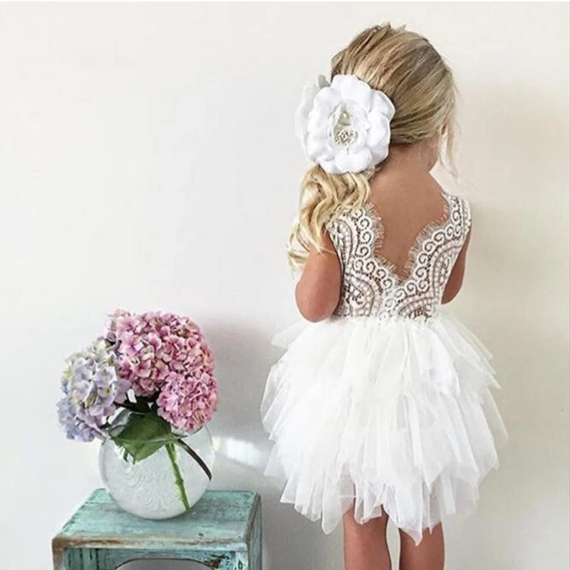 

Baby Girls Party Dress Lace Tulle Flower Wedding Gown Fancy Birthday Outfits Children V-back Designs Kids Clothes Casual Wear