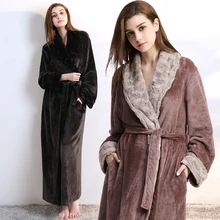 Women Men fur Neck Thick Warm Long Flannel Bathrobe Plus Size Kimono Bath Robe Winter Peignoir