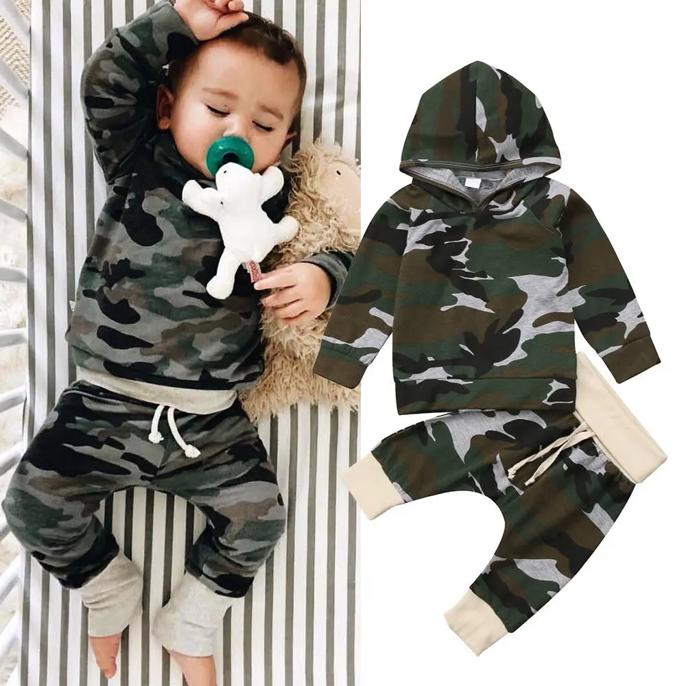 2Pcs Newborn Baby Boy Camo Hooded T shirt Tops Clothes+Pants Set Cotton
