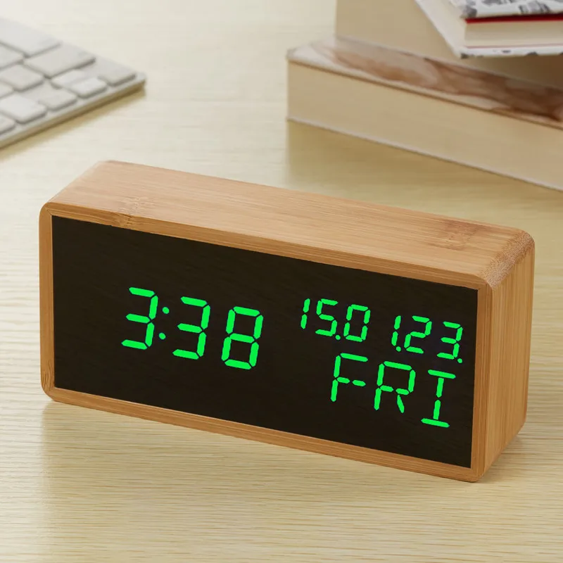 Повтор Будильник бамбуковый деревянный светодиодный зеркальный цифровой часы USB электронные часы с календарями настольные часы