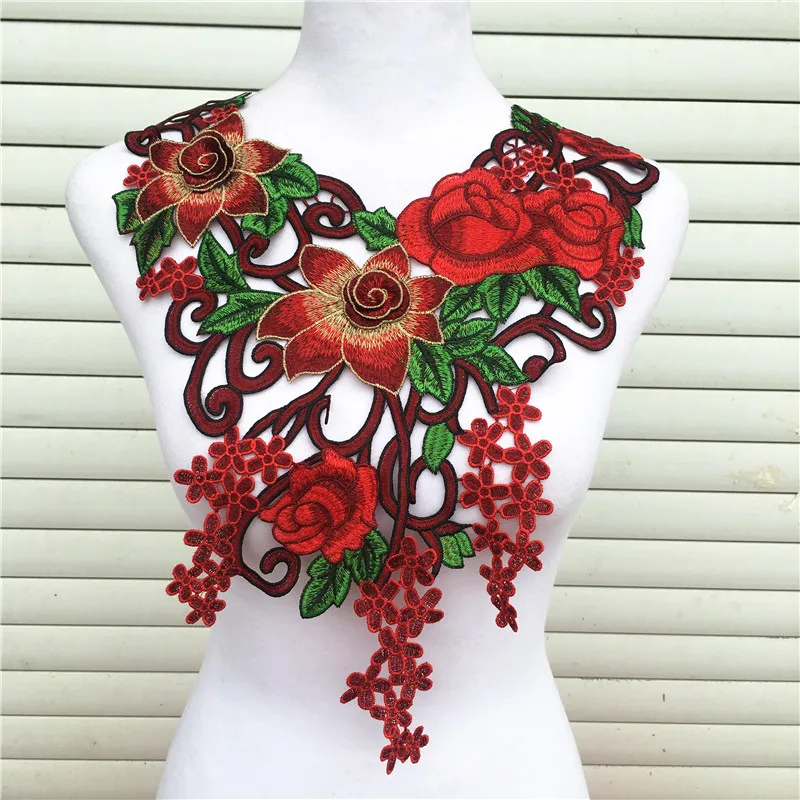 

HQ 1pc 3D luxury Red Embroidery Colorful Flower Lace Collar Fabric, DIY Handmade Collar Lace Clothing For Sewing Collar Crafts