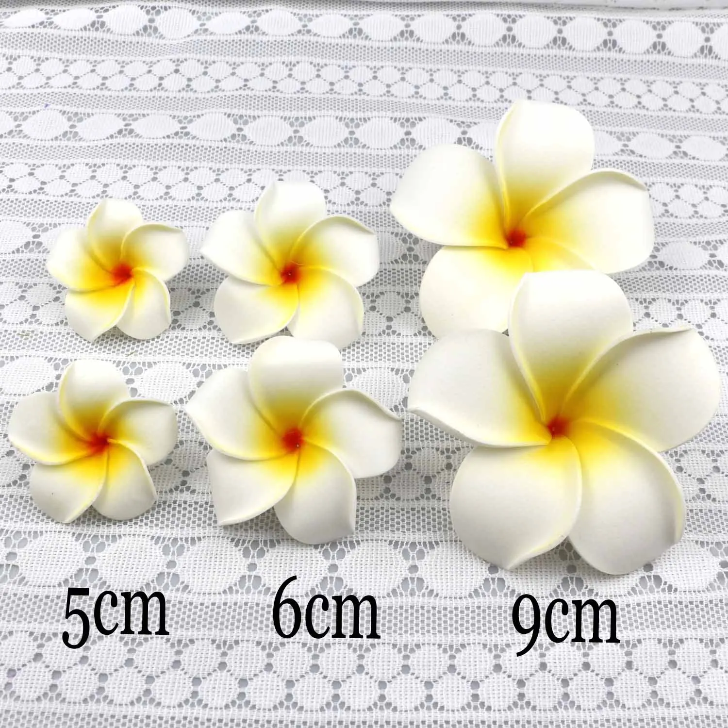 White 5cm 6cm 9cm Hawaiian flowers Fake Plumeria lot of 10 foam
