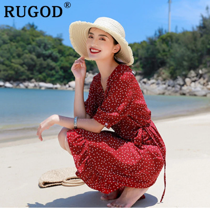

RUGOD Dot print lace up women dress v neck elegant slim a line ruffled summer beach dress casual elegant modis femme vestido
