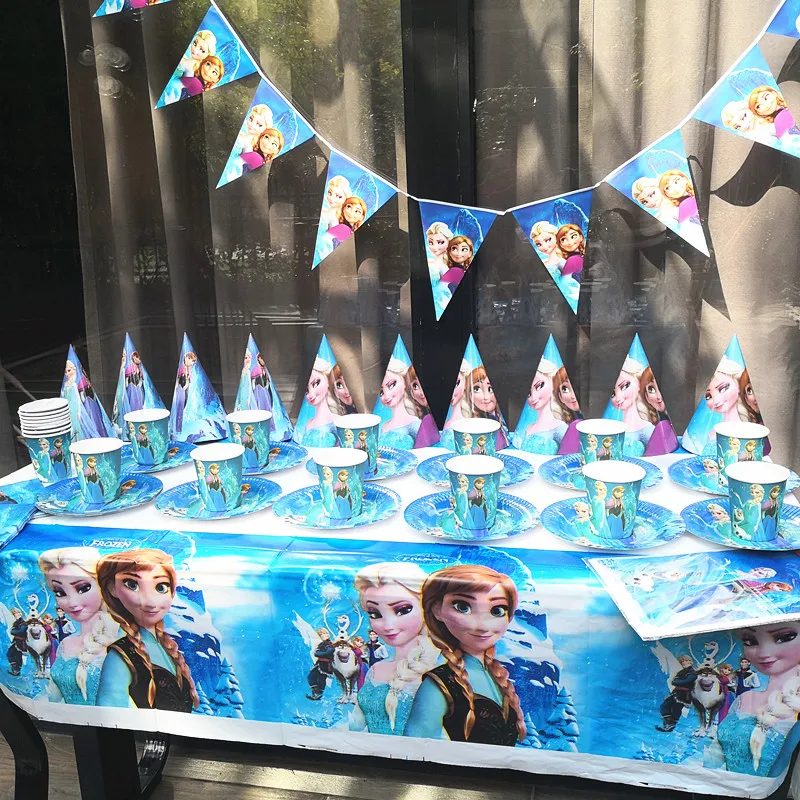91pcs Disposable Tableware sets Elsa Anna Princess TableCloth cups Paper plate Napkin Flag Kids Birthday Party Decoration | Дом и сад