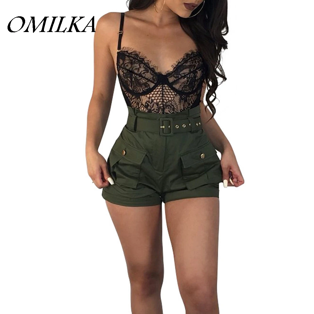 

OMILKA 2018 Summer Women High Waist Bandage Wide Leg Shorts Casual Army Green Black Plus Size Button Club Street Shorts