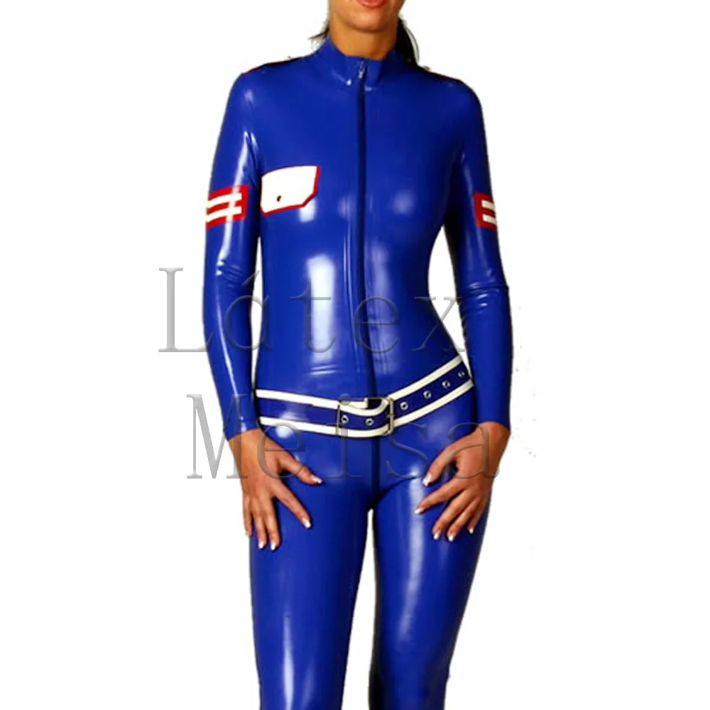 0.4mm thickness 100% natural latex uniform catsuit attached front zip to back waist no belt in blue color for women | Тематическая