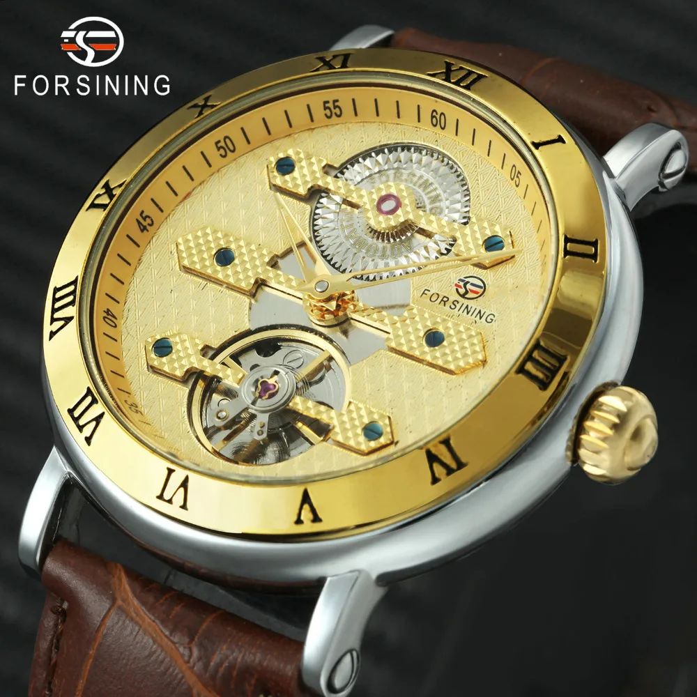 

FORSINING Royal Golden Automatic Watch Men Tourbillon Skeleton Roman Numerals Dial Leather Mechanical Watches Top Brand Luxury